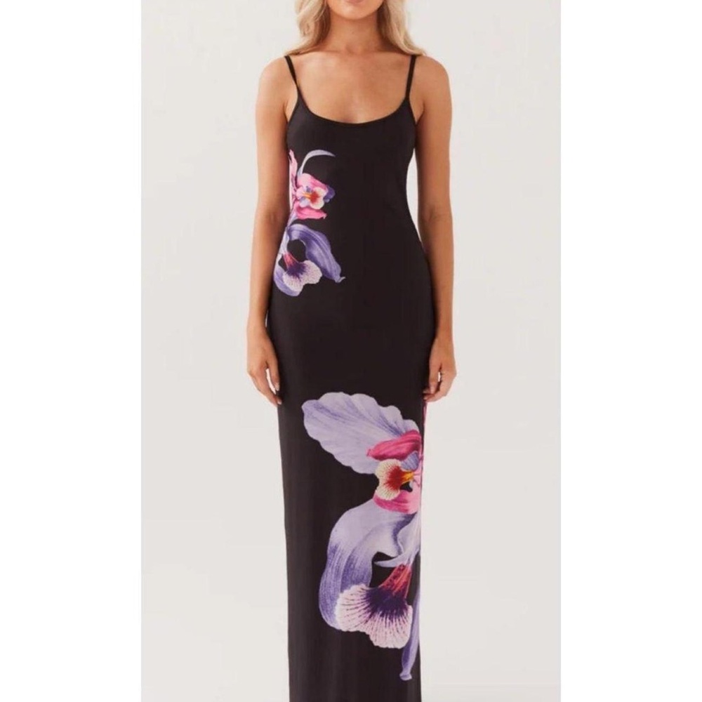 Peppermayo Black Maxi Dress with Purple and Pink Floral Design
